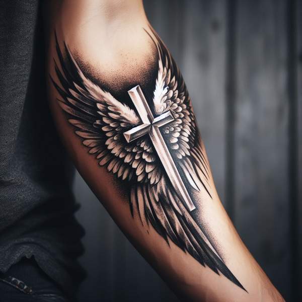 25 Majestic Angel Wing Tattoos: Explore Unique Designs for a Bold and Mystical Look 22 Cross With Angel Wing Tattoo 22f6b