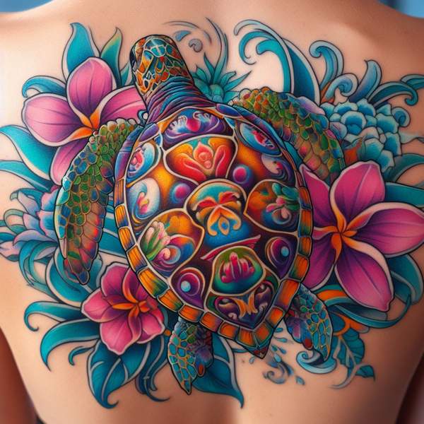 Sea Turtle Tattoo With Flower 20d22
