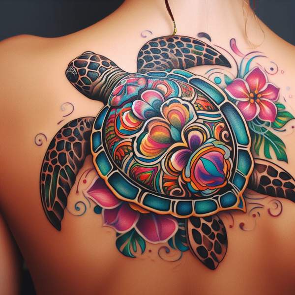 Sea Turtle Tattoo With Flower 3e6a7