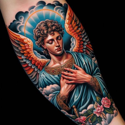 44 Motivating Ideas For Angel Tattoos 44 Traditional Angel Tattoo 1 808ef469 3876 4715 a34f