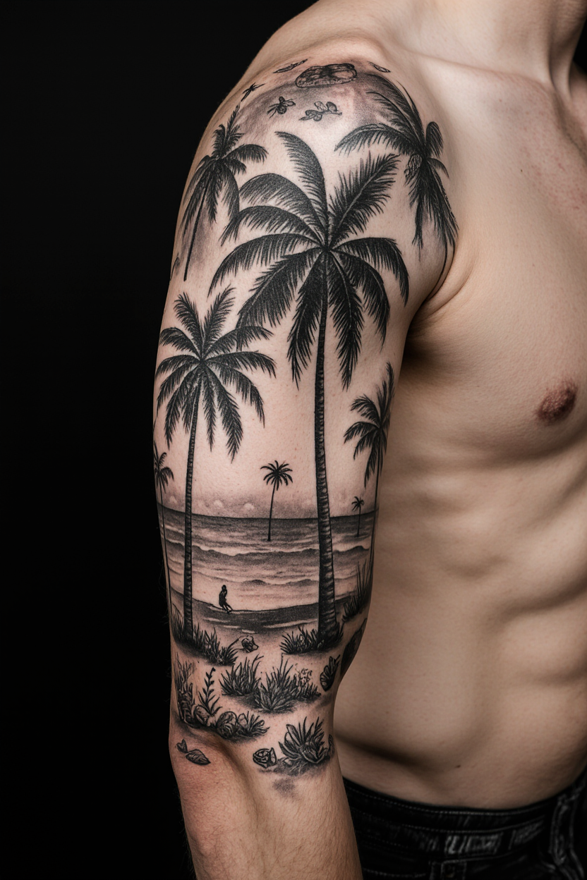 prompt hyper realistic full palm tree sleeve tattoo on a mans arm only the tattooed arm is visible 1ghma2kdkk9lssb2thlg 1