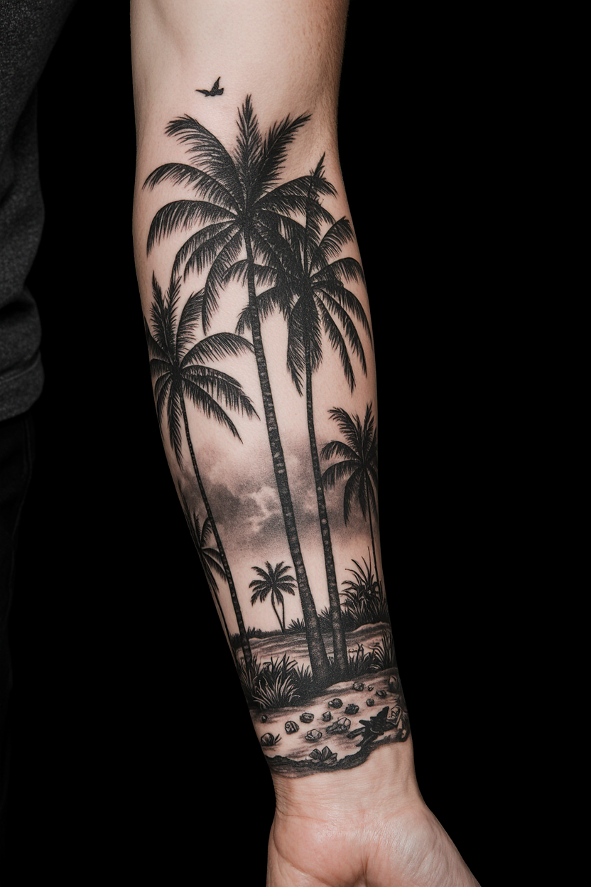 prompt hyper realistic full palm tree sleeve tattoo on a mans arm only the tattooed arm is visible y6j2845j37b7gt1hcqcz 3