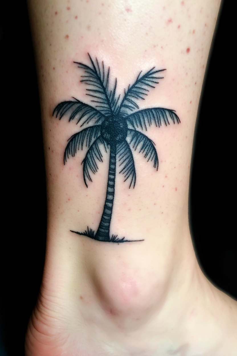 prompt hyper realistic small palm tree tattoo on a mans ankle only the tattooed ankle is visible s j0abou833miahn6tk0ah 3