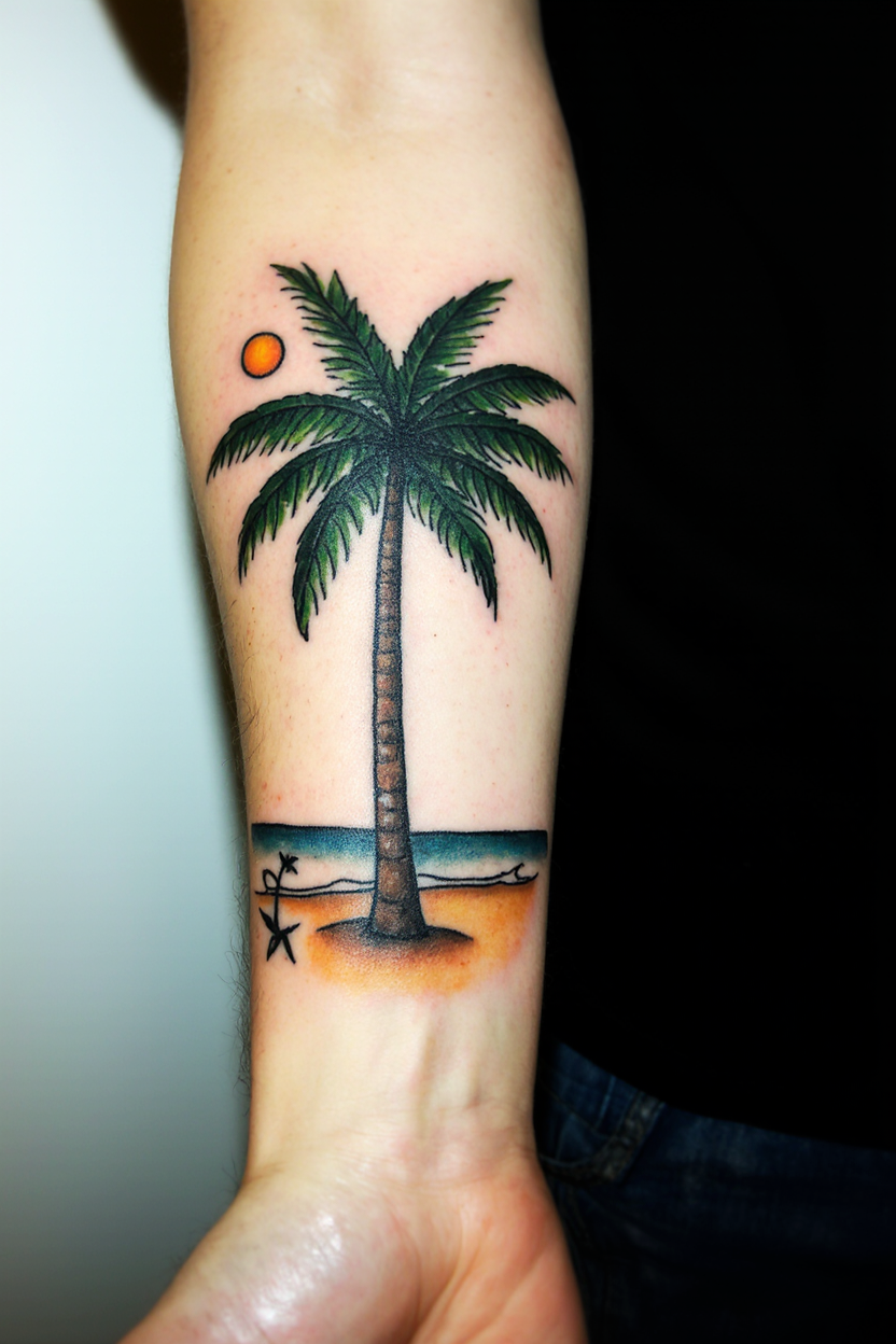 prompt hyper realistic traditional palm tree tattoo on a mans arm only the tattooed arm is visible 4i6rv6yl325oogq1dmra 0