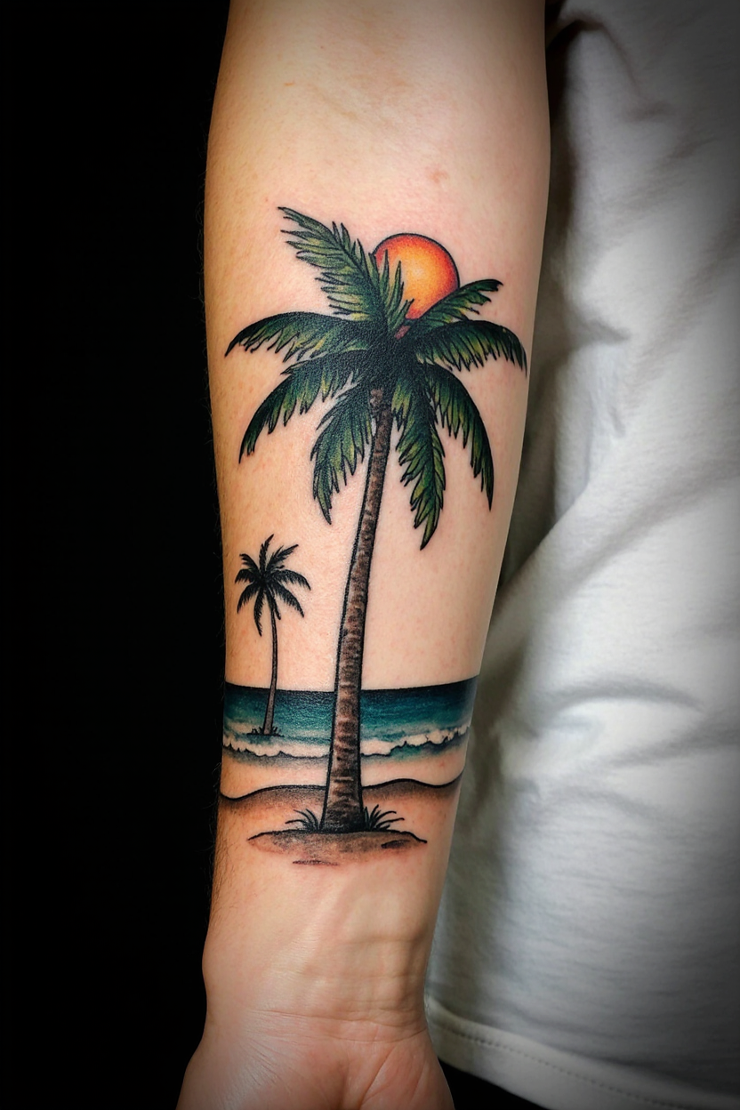 prompt hyper realistic traditional palm tree tattoo on a mans arm only the tattooed arm is visible h30rbrvlobjbhhsw4zdl 3