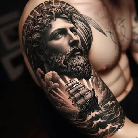 16 Peaceful Poseidon Tattoo Ideas To Control Your Emotions! 20 A Dip Into The Mythology Scenic Poseidon Tattoo On Arm 2