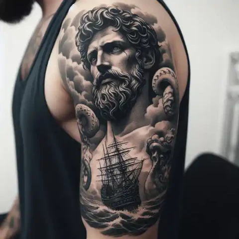 16 Peaceful Poseidon Tattoo Ideas To Control Your Emotions! 19 A Dip Into The Mythology Scenic Poseidon Tattoo On Arm
