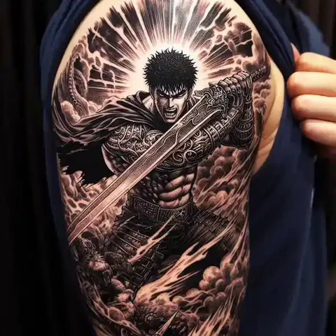 A Fierce Berserk Tattoo On Arm With Guts Fighting Till Death