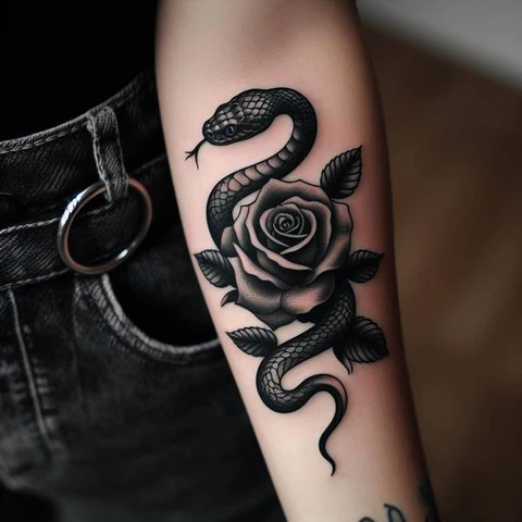 30 Sacred Snake Tattoo Ideas To Highlight Your Exclusivity! 23 A Heavenly Combination Mystical Snake And Rose Tattoo