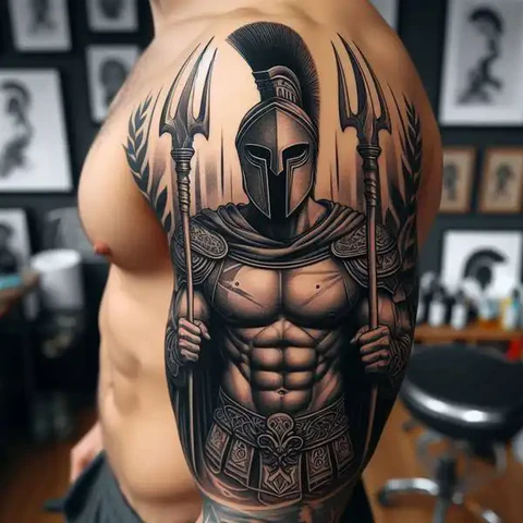 75 Meaningful Spartan Tattoo Ideas To Pump Your Blood With Adrenaline 13 A Jarring Arm Tattoo With Two Sharp Spears