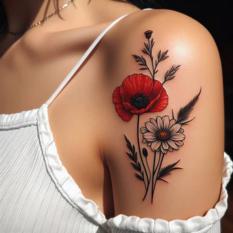16 Pleasant Poppy Tattoo Ideas To Reveal Life’s Meaning! 15 A Mixture Of Cuteness Combined Poppy And Daisy Tattoo