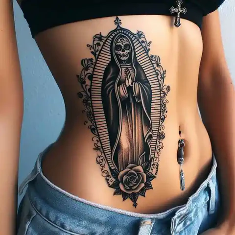 A Picturesque Rib Tattoo Of Santa Muerte