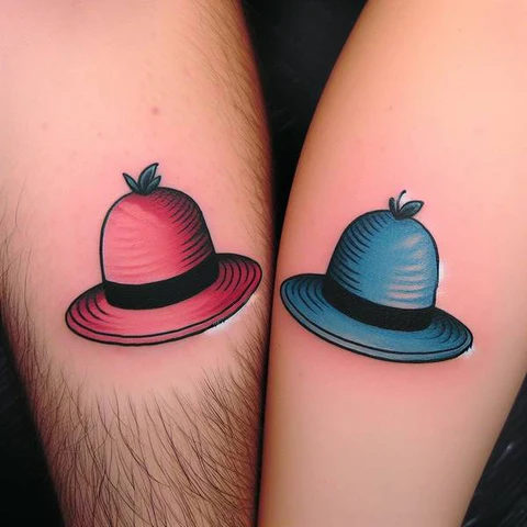 20 Stunning Sibling Tattoo Ideas To Go Back In Time! 11 An Emblem Of Lov Contrasting Sibling Hat Tattoo