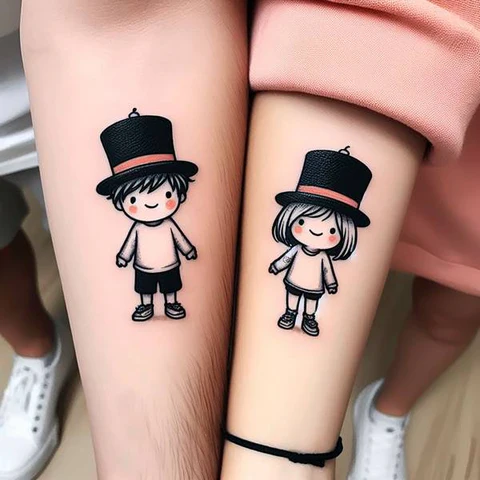 20 Stunning Sibling Tattoo Ideas To Go Back In Time! 10 An Emblem Of Love Contrasting Sibling Hat Tattoo