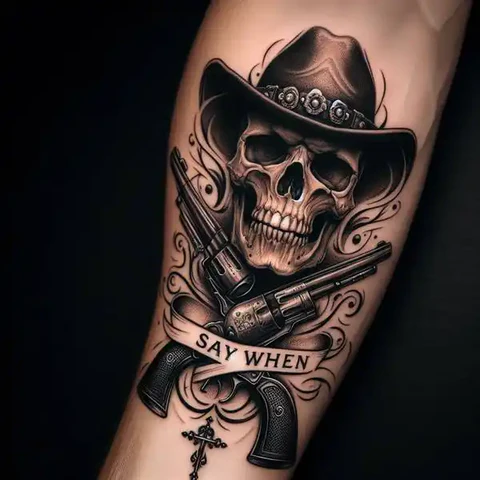 21 Dazzling Doc Holliday Tattoo Ideas To Sling Guns Like A Pro! 9 Artistic Doc Holliday Skull Design With Alluring Spirals