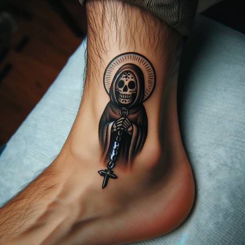 Auspicious Santa Muerte Ankle Tattoo