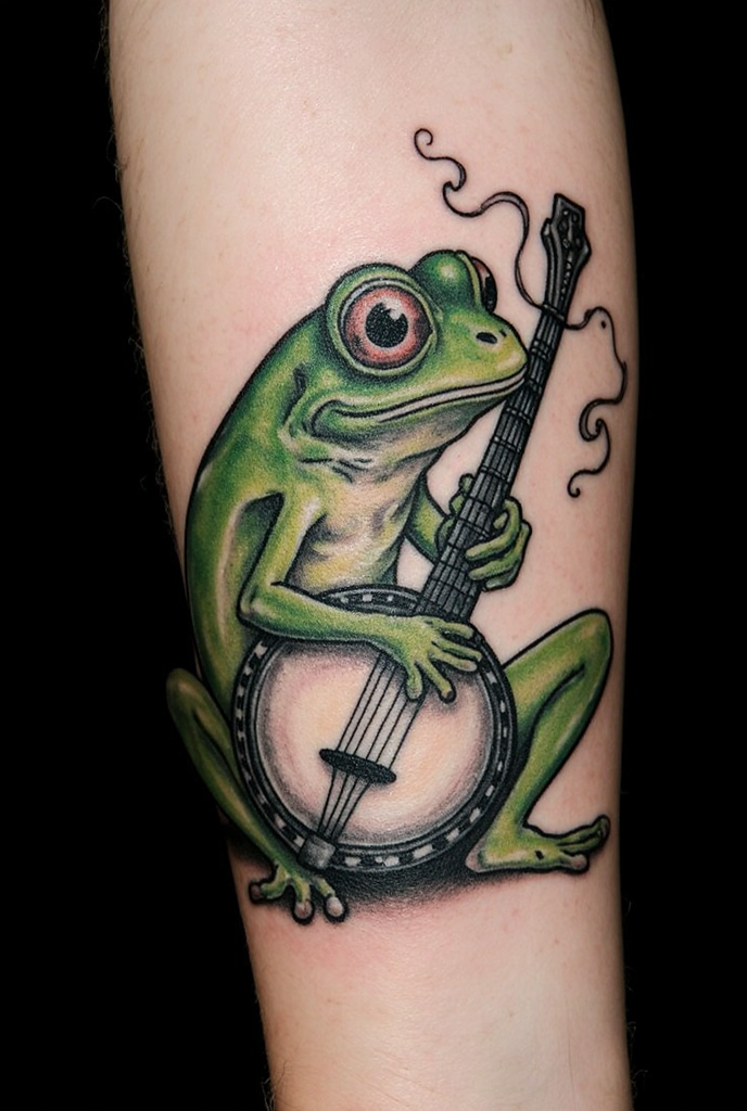 23 Fabulous Frog Tattoo Ideas 16 Beautiful Yet Haunting Frog Playing Banjo Tattoo 1