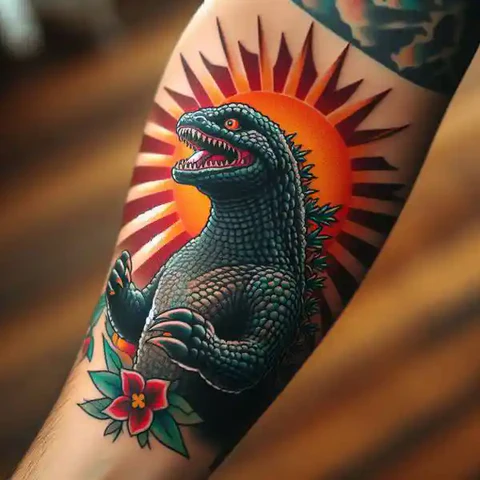 Breath Of Flame 2 Colorful Godzilla Tattoo With Traditional Elements