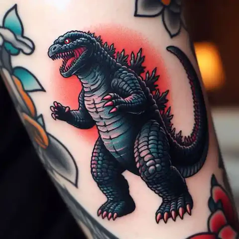 Breath Of Flame Colorful Godzilla Tattoo With Traditional Elements
