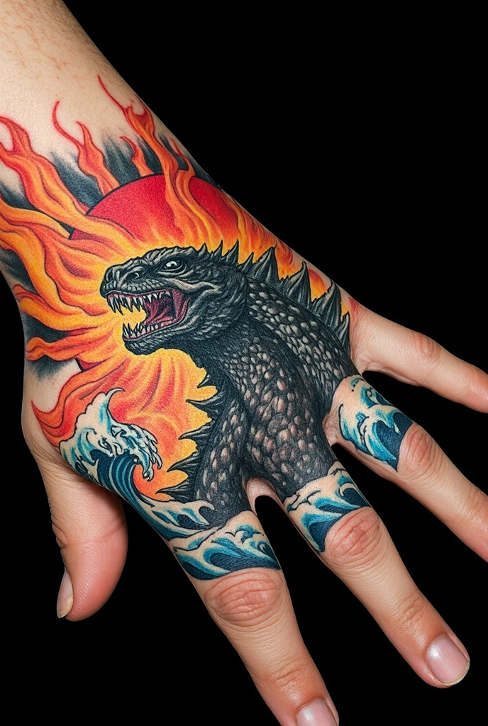 Breath Of Flames Colorful Godzilla Tattoo With Traditional Elements