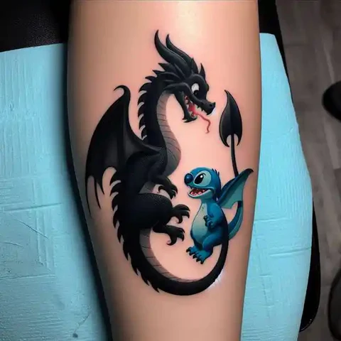 17 Charming Stitch Tattoo Ideas To Stimulate Your Brain! 13 Buddies For Life Combined Stitch And Toothless Tattoo