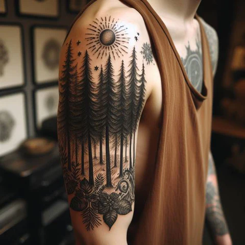 Celestial Pine Tree Tattoo On The Sleeve2
