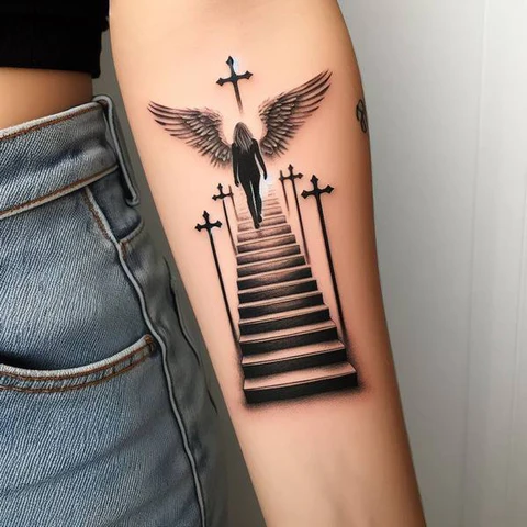 14 Sensational Stairway To Heaven Tattoo Ideas! 22 Celestial Stairway To Heaven Memorial Tattoo 2