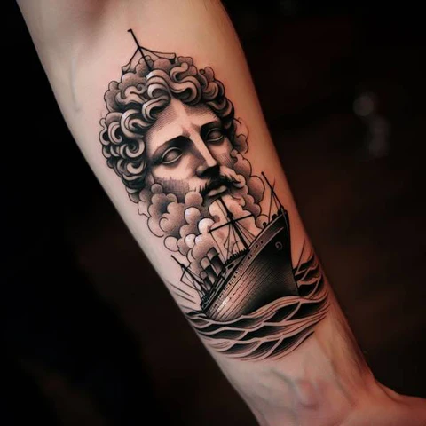 16 Peaceful Poseidon Tattoo Ideas To Control Your Emotions! 9 Clouds Of Magnificence Classical Poseidon Tattoo On Forearm