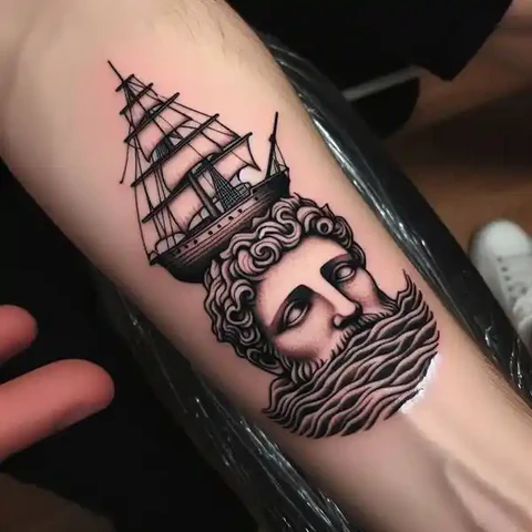 16 Peaceful Poseidon Tattoo Ideas To Control Your Emotions! 10 Clouds Of MagnificenceClassical Poseidon Tattoo On Forearm 2