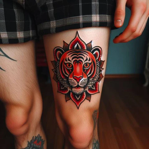 Colorful Above The Knee Traditional Tattoo With A Menacing Totem2