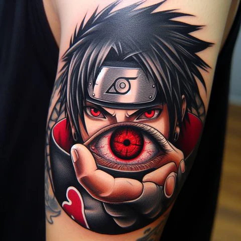 Colorful Mangekyou Sharingan Tattoo With A Twist