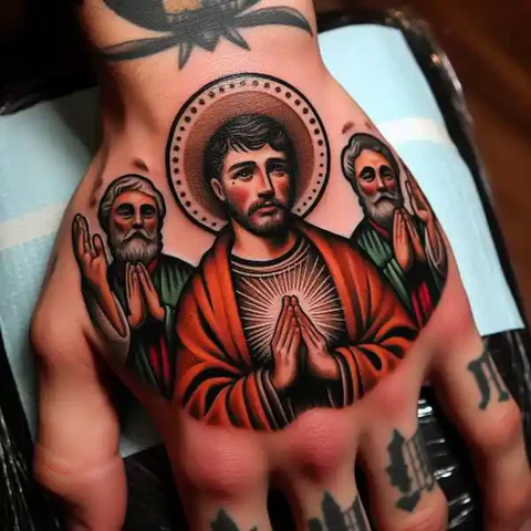 15 Sensational San Judas Tattoo Ideas 3 Colorful San Judas Tattoo On Hand
