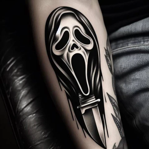 Conjuring The Darkness Monochromatic Ghostface Knife Tattoo