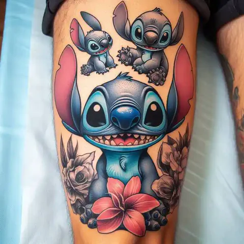 17 Charming Stitch Tattoo Ideas To Stimulate Your Brain! 1 Contrast Of Whimsical Colors Vibrant Lilo And Stitch Tattoo