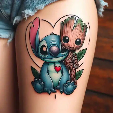 17 Charming Stitch Tattoo Ideas To Stimulate Your Brain! 32 Crossover Of The Century Heartwarming Stitch And Groot Tattoo 2