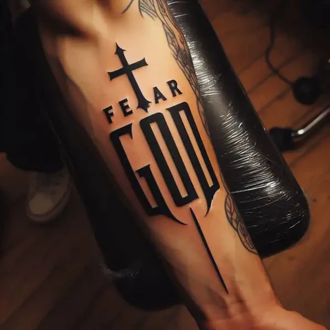 12 Fascinating Fear God Tattoo Ideas! 2 Cursive Fear God Tattoo On Forearm 2
