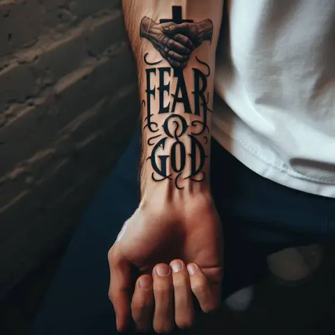 12 Fascinating Fear God Tattoo Ideas! 1 Cursive Fear God Tattoo On Forearm
