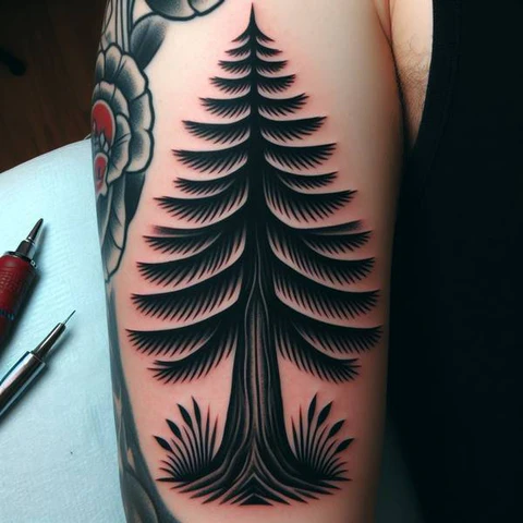 Cursive Traditional Pine Tree Tattoo