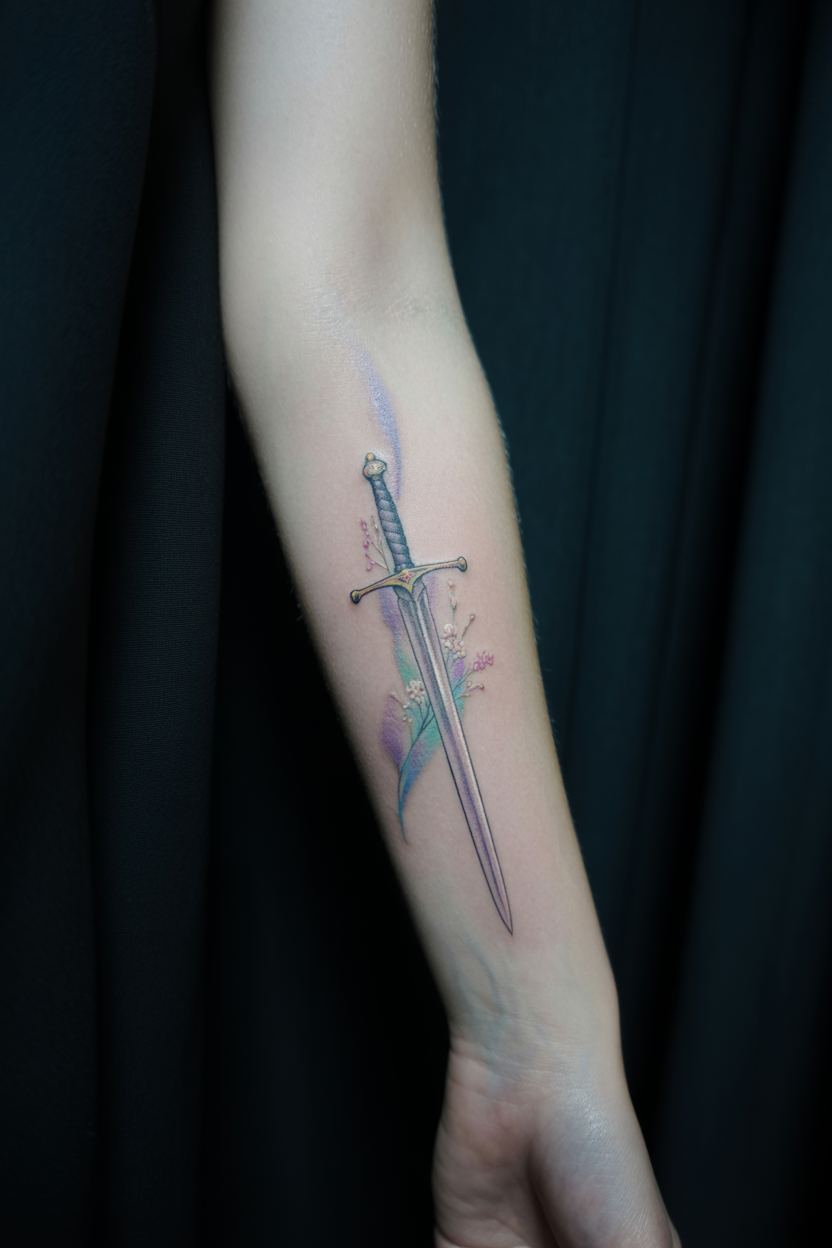 Dainty Sword Tattoo On Forearm