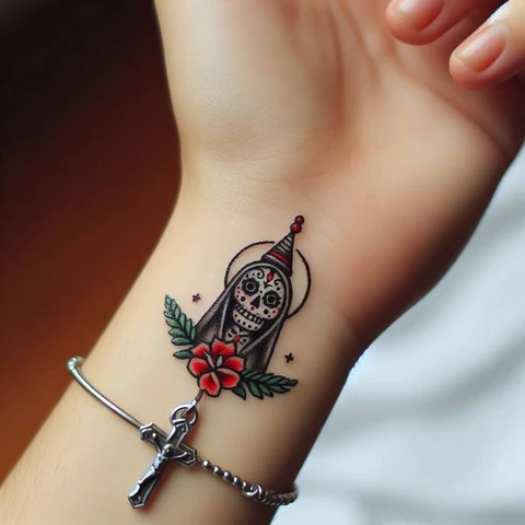 Dainty Wrist Tattoo Of Santa Muerte