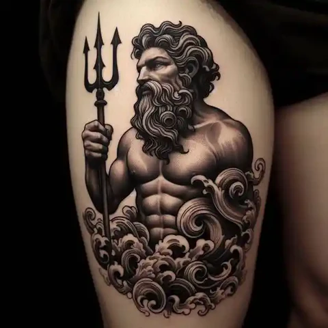 16 Peaceful Poseidon Tattoo Ideas To Control Your Emotions! 29 Dance Of Tidal Wave Cursive Poseidon Tattoo On Thigh