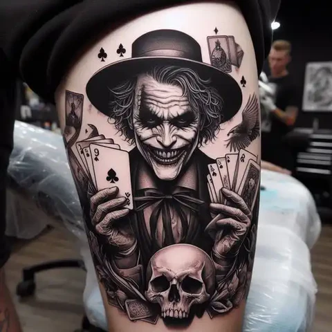 29 Fascinating Joker Tattoo Ideas 48 Deadly Joker Tattoo On Thigh2