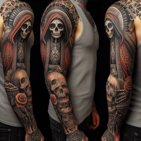 Deadly Santa Muerte Tattoo On Sleeve
