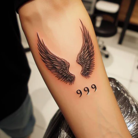 17 Astonishing 999 Tattoo Ideas That Are Both Meaningful And Stylish 24 Detailed Angel Wings 999 Tattoo 2