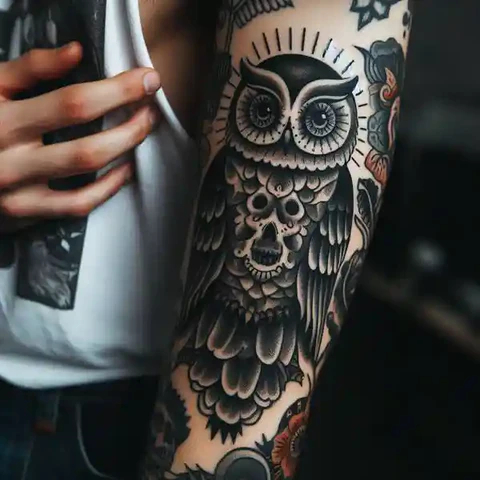 Detailed Santa Muerte Owl Tattoo With Natural Touch 2