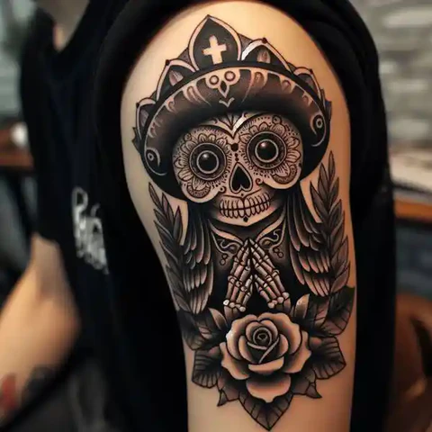 Detailed Santa Muerte Owl Tattoo With Natural Touch