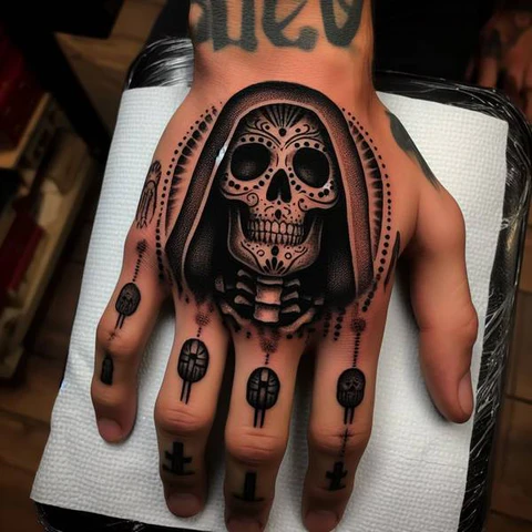 Discreet Santa Muerte Tattoo On Hand With Bold Twist 2