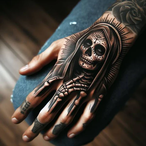 Discreet Santa Muerte Tattoo On Hand With Bold Twist