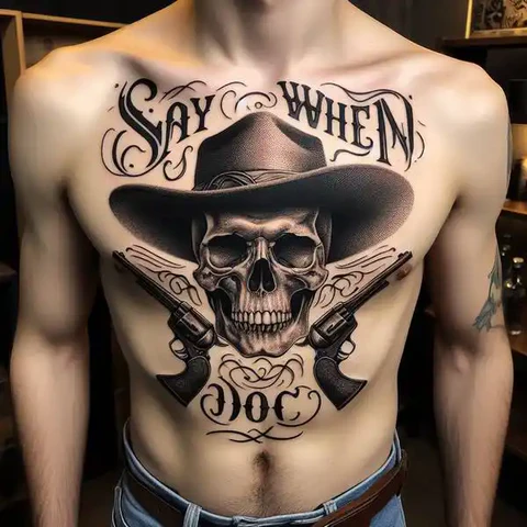 21 Dazzling Doc Holliday Tattoo Ideas To Sling Guns Like A Pro! 18 Doc Holliday Chest Tattoo With Vintage Shapes
