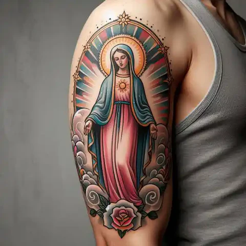 17 Sensational Virgin Mary Tattoo ideas 9 Dont Be Shy To Add Colors To Traditional Virgin Mary Tattoo